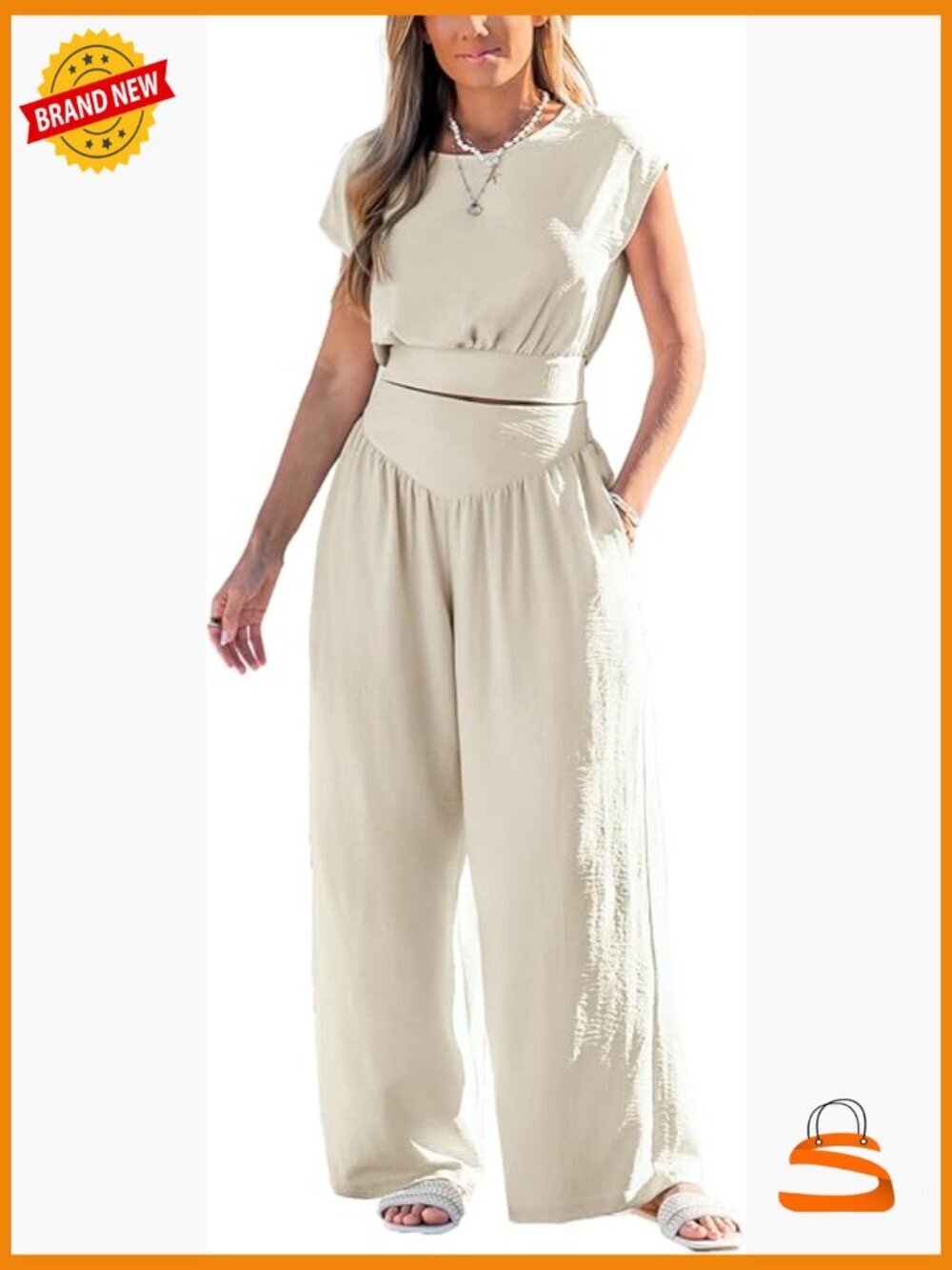 2 Piece Outfits Sets Cap Sleeve Cropped Top Wide Leg Pants Matching Set Summer
